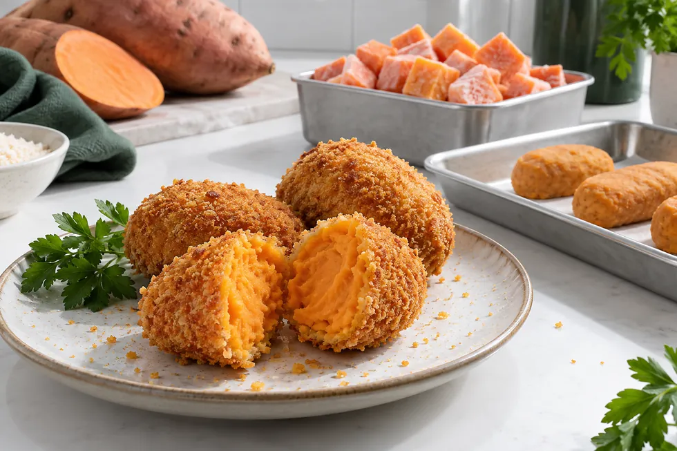 Cut sweet potato croquette showing its orange core and crumb shell